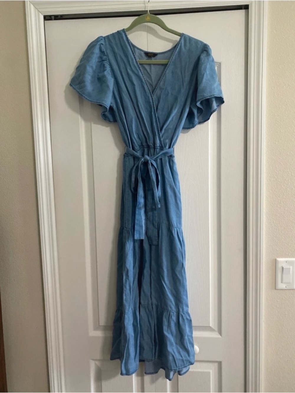 Women's Light Blue Midi Dress with Tie Waist